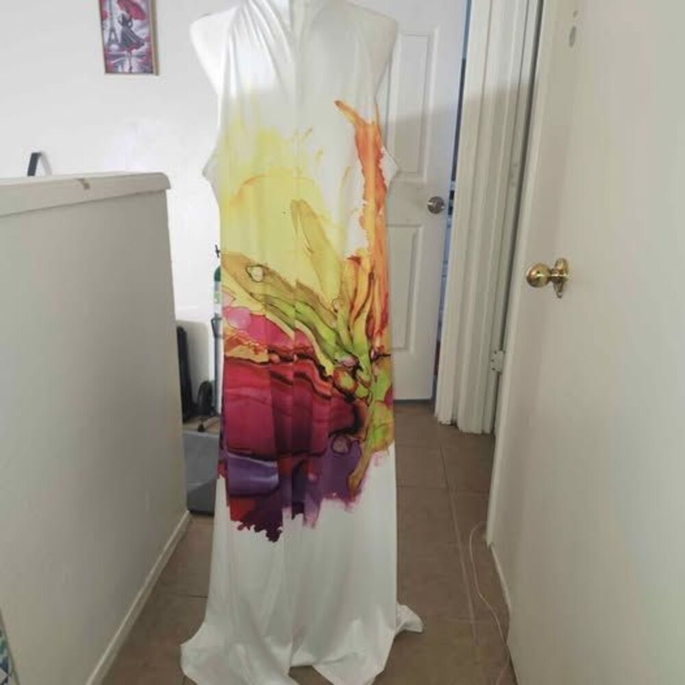 Abstract WatercolorHigh Neck Print Draped Knit Halter Maxi Dress 4X